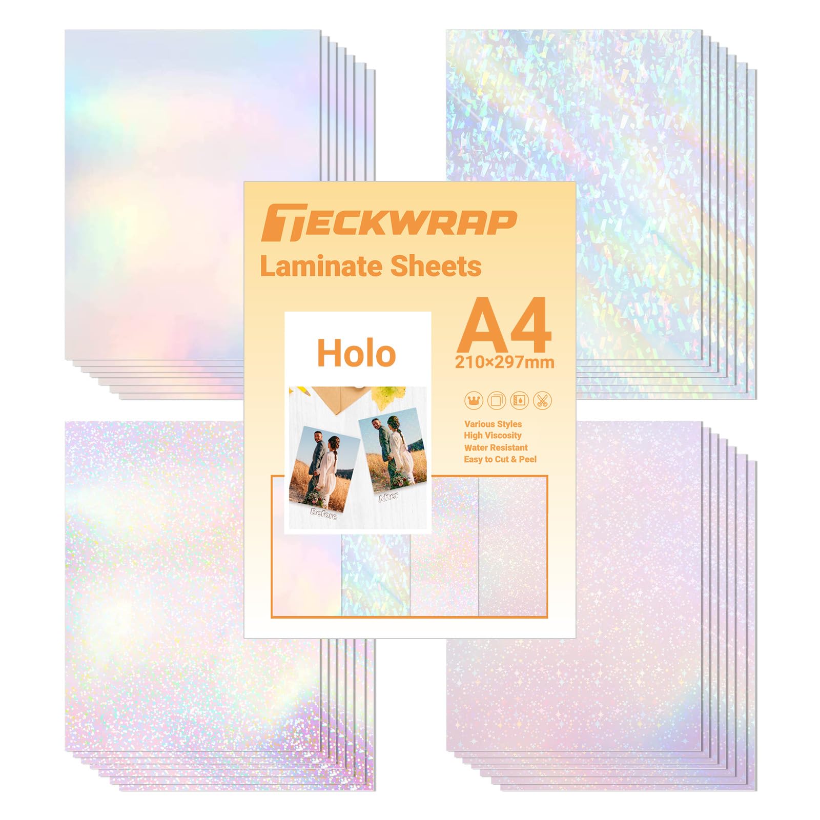 TECKWRAP Holographic Sticker Paper Clear Overlay Lamination Vinyl Patterns Laminate Sticker Film 8.26" x 11.69" A4 210mm x 297mm 28 Sheets/Pack for DIY Crafting, Craft Cutters (Rainbow,Gem,Star, Dot)