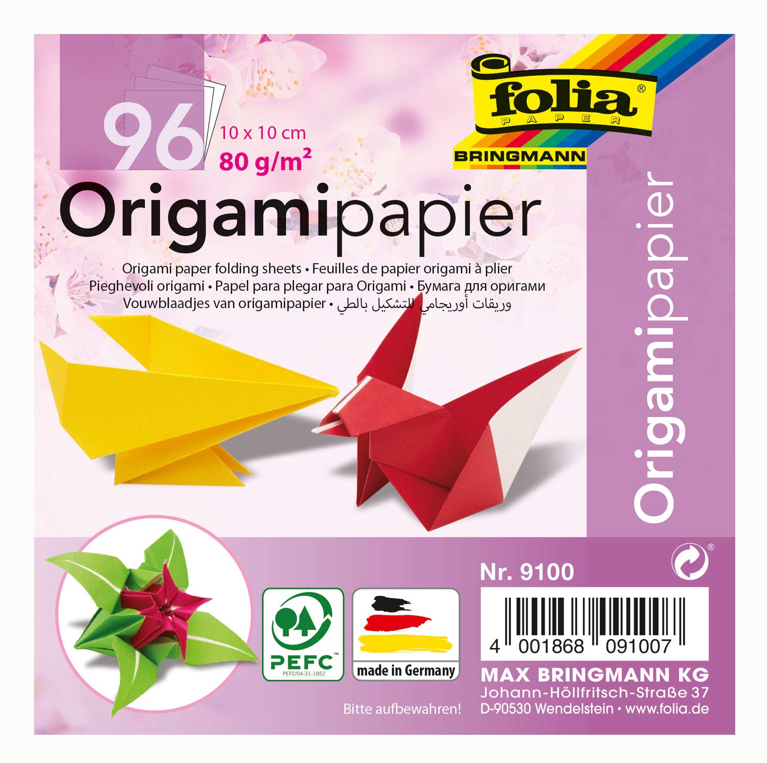 folia 9100 Origami Folding Sheets 10 x 10 cm, 80 g/m², 96 Sheets, Assorted in 12, Ideal for Paper Folding and Other Creative Crafts