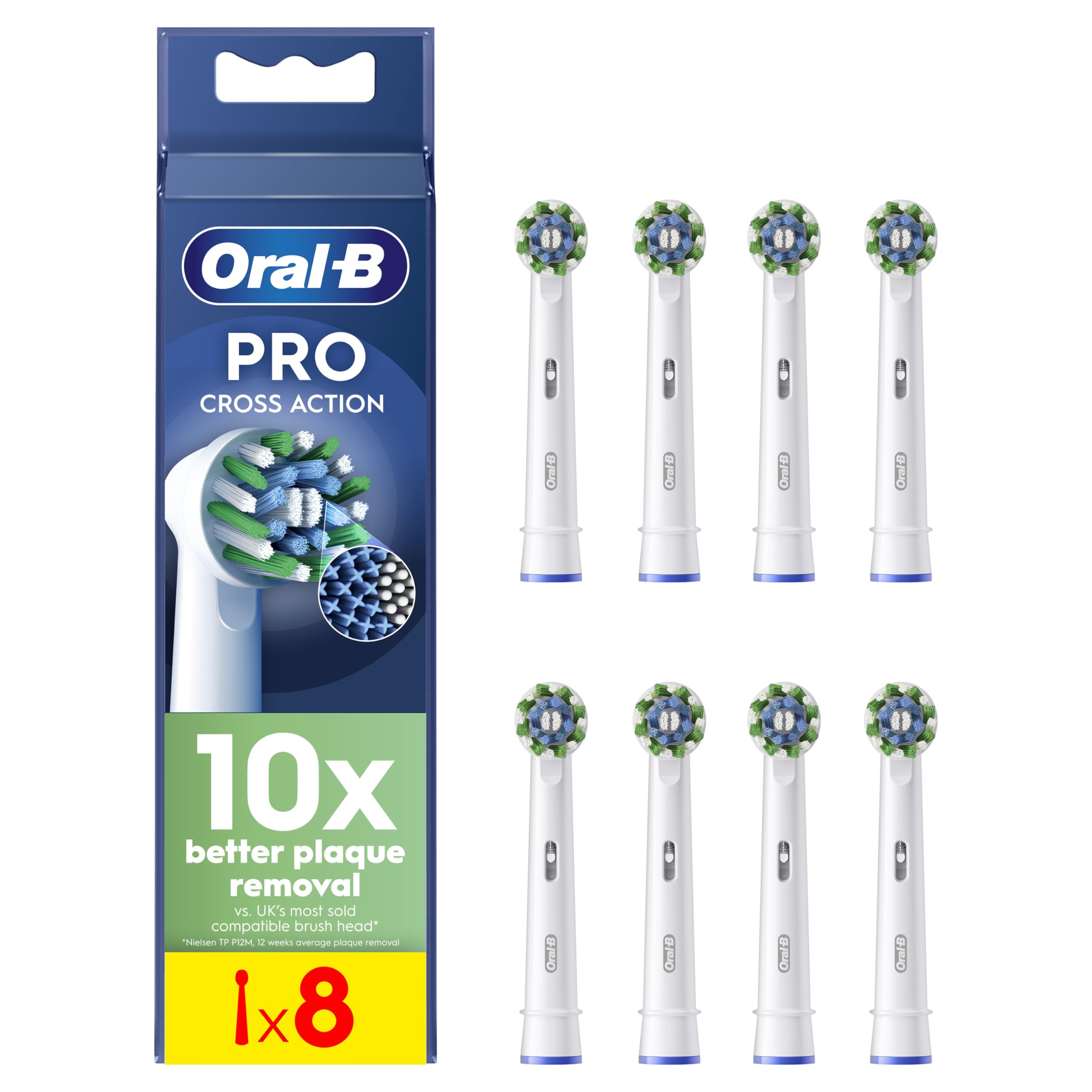 Oral-B Pro Cross Action Electric Toothbrush Head, X-Shape and Angled Bristles for Deeper Plaque Removal, Pack of 8 Toothbrush Heads, White