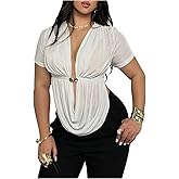 Floerns Women's Plus Size Draped Deep V Neck T Shirts Short Sleeve Sheer Going Out Top