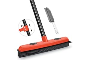 JEHONN Carpet Broom Rake with Squeegee, Rubber Pet Hair Brush with 52.8 inches Long Handle, Silicone Fur Scraper Removal Tool