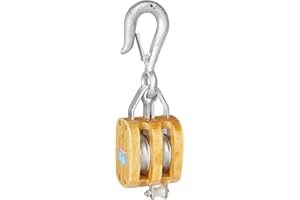 Indusco C0616900111 6" Double Wood Manila Rope Block with Hook, 3/4" Rope, 3 1/2" Sheave, 2,500 lbs WLL
