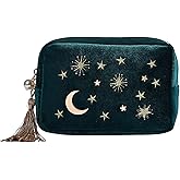 Piullzze Blackish Green Velvet Embroidered Applique Moon Stars Pattern Cosmetic Bag with Tassels and Pearl Zipper, Travel Makeup Bag Toiletry Pouch Clutch Bag (green A)