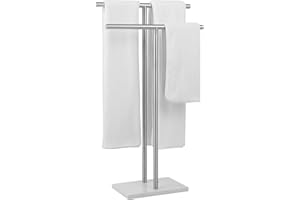 WISATO - Free Standing Towel Rack for Bathroom - Brushed Nickel Finish - Stand Alone 2 Tier Stainless Steel Towel Rack for Bathroom Floor with Heavy Marble Base, Double T Shape Drying Stand for Towels