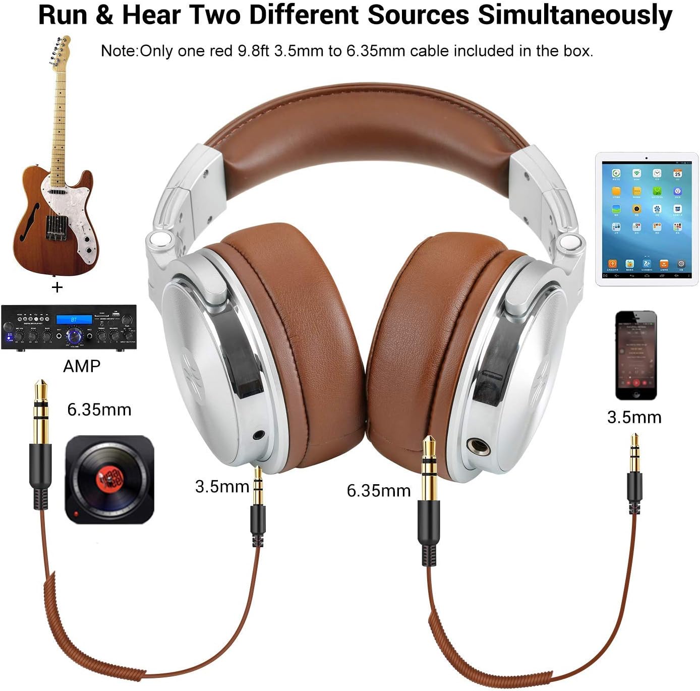 Over Ear Headphone, Wired Premium Stereo Sound Headsets with 50mm Driver, Foldable Comfortable Headphones with Protein Earmuffs and Shareport for Recording Monitoring Podcast PC TV- with Mic (Silver): Electronics