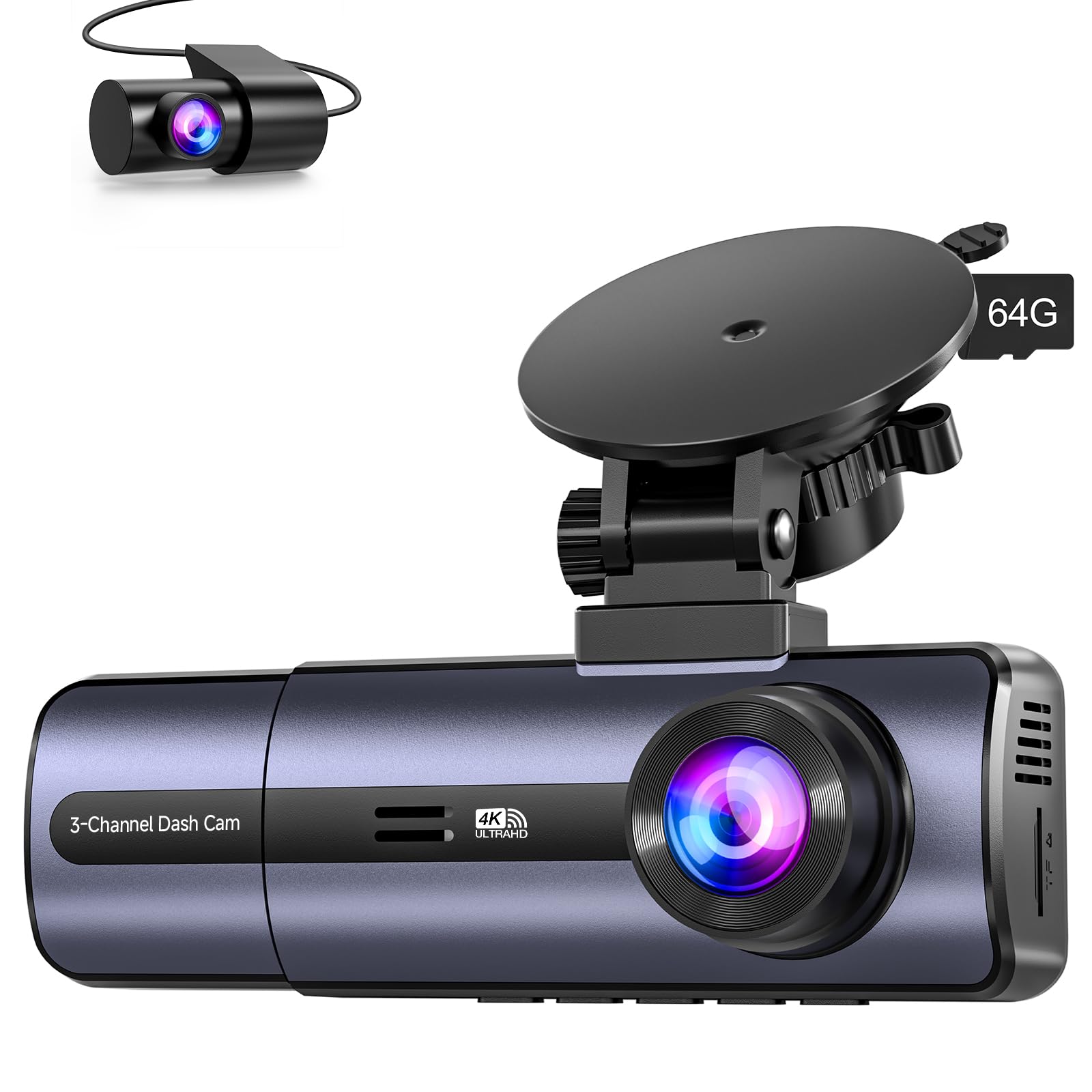 Photo 1 of 3-Channel 4K Dash Cam with WiFi, 4K+1080P+1080P Front/Inside/Rear, Night Vision, Parking Mode, 64GB Card Included