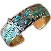 Elaine Coyne Patina Dragonflies on Feather Wearable Art Cuff Bracelet with Turquoise