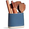 ONEMORE Ceramic Utensil Crock, Large Kitchen Utensil Holder for Countertop, Farmhouse Cooking Utensil Organizer with Cork Mat for Kitchen Counter, Oval Utensil Storage Caddy for Spatula, Blue