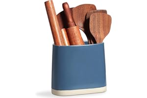 ONEMORE Ceramic Utensil Crock, Large Kitchen Utensil Holder for Countertop, Farmhouse Cooking Utensil Organizer with Cork Mat for Kitchen Counter, Oval Utensil Storage Caddy for Spatula, Blue