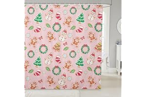 Feelyou Christmas Comforter Cover Cartoon Snowman Christmas Tree Shower Curtain Gingerbread Man Xmas Theme Bath Curtain for Kids Polyester Pink Kids Bathroom Accessories 72"x72"