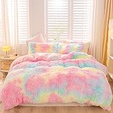 ZRNBAST Shaggy Duvet Cover Set Twin Size for Girls Rainbow Tie Dye Comforter Cover Set Faux Fur 3 PC Fluffy Soft Colorful Furry Bedding Set for All Season(Rainbow,Twin)