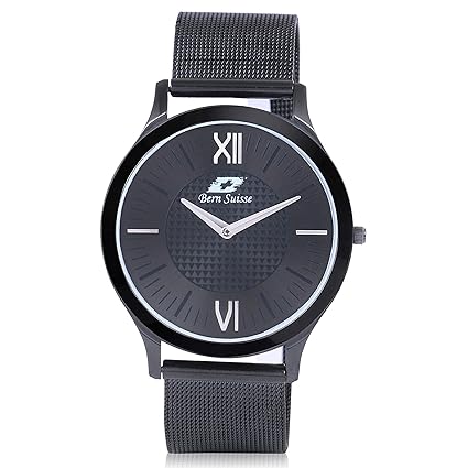 Bern Suisse Japanese Quartz Extra Slim Minimalist Black Mesh Strap Wrist Watch for Men - All Black