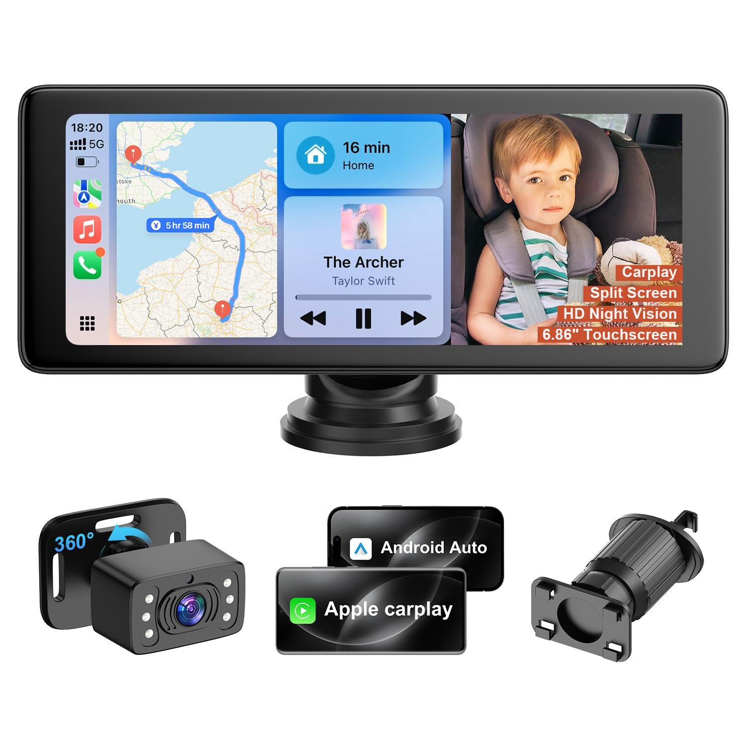 Photo 1 of YJ1 Baby Car Camera - 6.86" HD Car Baby Monitor Touchscreen with Apple CarPlay, 1080p Ultra IR Night Vision, 150° Wide Angle, Split Screen, 3X Zoom, GPS Navigation,FM,Siri, Plug-and-Play