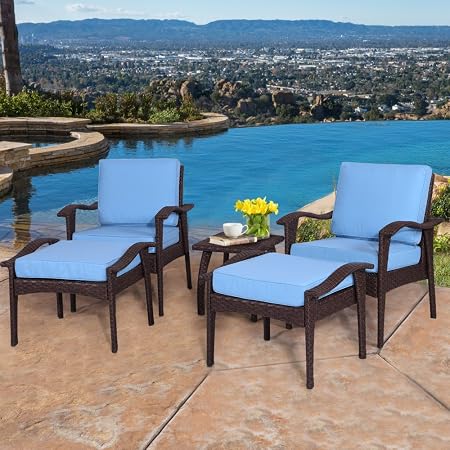 Amazon Com Diensday Outdoor Furniture Patio Conversation Sets 5 Piece Lounge Chairs Ottoman Chat Set All Weather Brown Wicker Deep Seating With Blue Water Resistant Olefin Cushions Coffee Side Table Garden