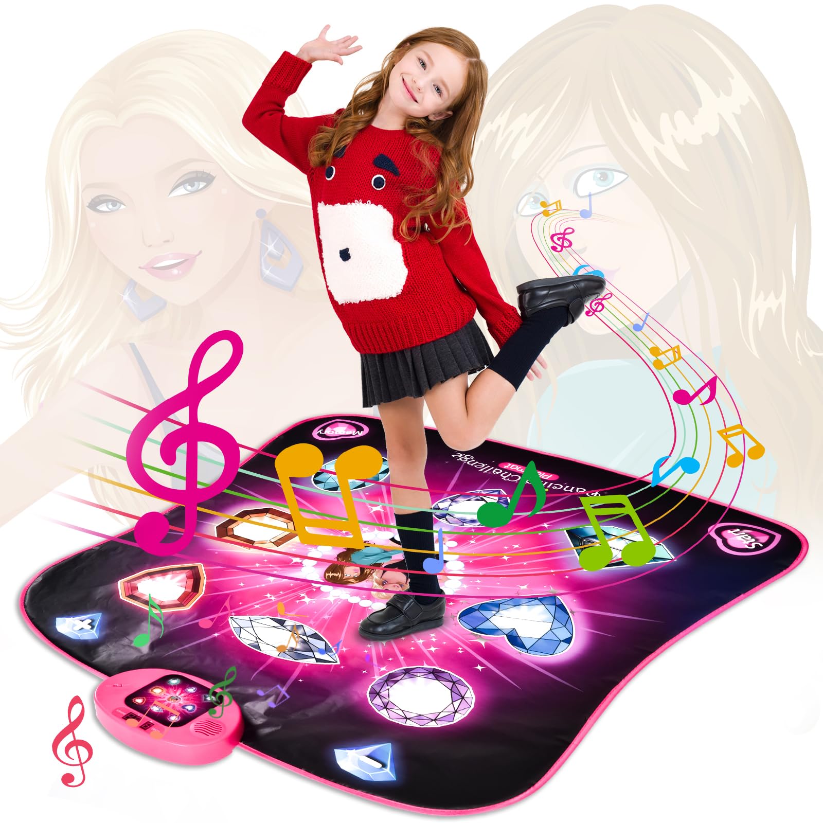 JUYOUNGA Dance Mat Toys for Girls - Play Mat with LED Lights, Adjustable Volume, 5 Game Modes, Built-in Music, Dance Game Pad Toy Christmas Birthday Gifts for 3 4 5 6 7 8 9+ years old kids