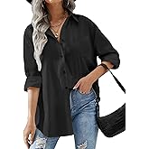 HOTOUCH Womens Black Button Down Shirts Boyfriend Long Sleeve Oversized Collar Shirt Soft Office Blouses with Pockets M