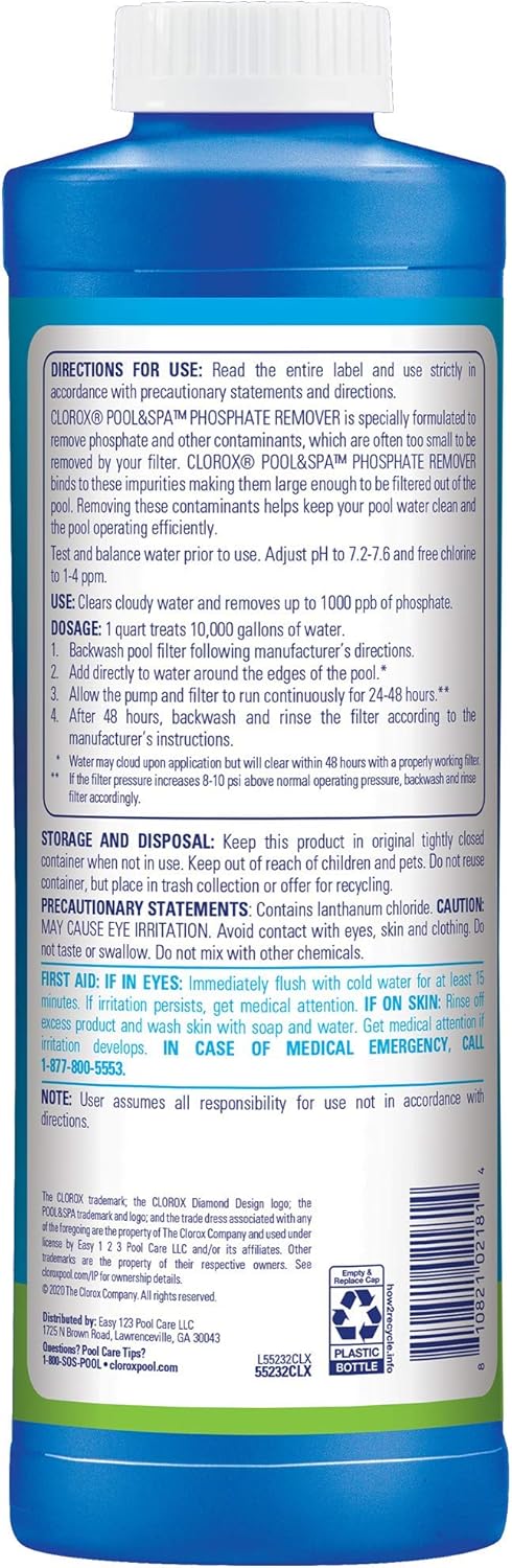 Clorox Pool&Spa 55232CLX Phosphate Remover, 1-Quart, White : Garden & Outdoor