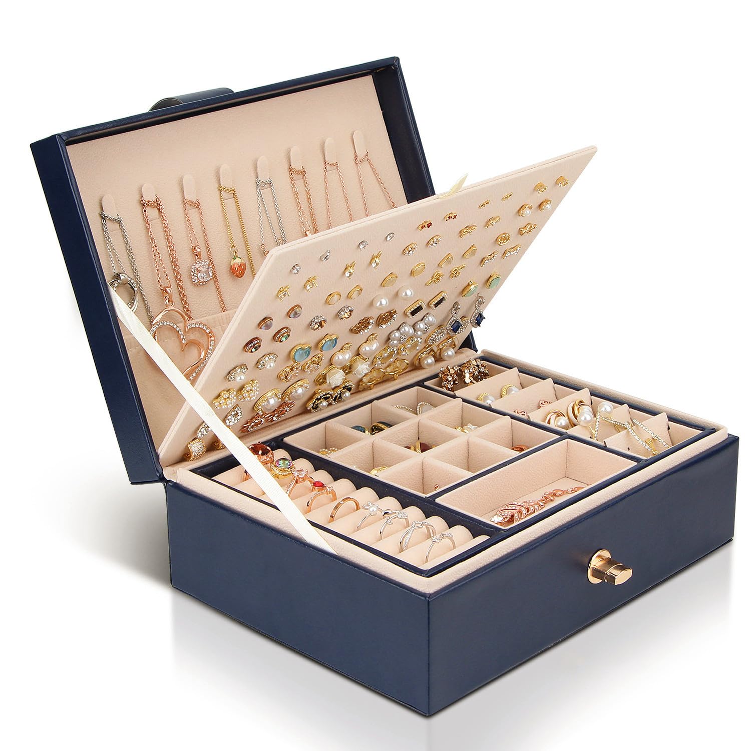 Chelory Jewellery Box Organiser for Women Girls, 3 Layer Large Jewellery Storage Case for Rings Earrings Necklace Bracelets Faux Leather Jewelry Gift Box (Blue)