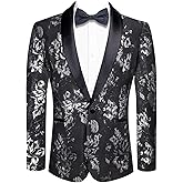 Hi-Tie Black Silver Floral Blazers for Men Suit Jacket Shawl Lapel One Button Slim Fit Tuxedo Party Dinner Sport Coats Blazer