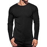 Ekouaer Men's Long Sleeve Shirts Ribbed Pullover Tees Sim Fit Thermal Tops Crew Neck Stretchy Undershirts S-3XL