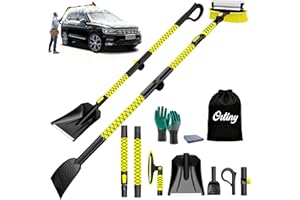 Ortiny 7 in 1 Snow Shovel & Snow Brush Kit with Ice Scrapers for Car Windshield,62.2” Extendable & Bendable Thicken Aluminum Tube for Easy Roof Cleaning,180° Pivoting Brush Head & EVA Grip,Yellow