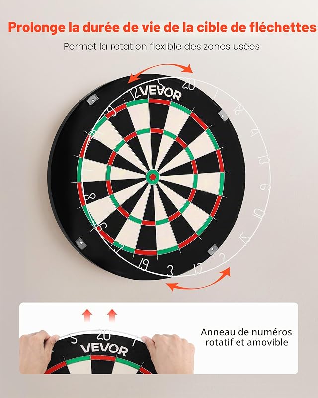 Cible de fléchettes, 450 mm, Planche à fléchettes Professionnelle en Fibre de sisal Auto-réparatrice avec œil de bœuf sans agrafes, Fil de Lame et Anneau Rotatif, pour Salle de Jeux à Domicile