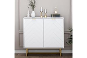 Scurrty Sideboard Buffet, Storage Cabinet with Golden Legs, White Sideboard Storage Cabinet with 2 Doors and Adjustable Shelf, Accent Cabinet for Living Room, Kitchen