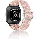 Bling Stretchy Band Compatible with Fitbit Versa 4/Fitbit Versa 3/Fitbit Sense/Sense 2 Bands for Women, Soft Adjustable Elastic Glitter Solo Loop Nylon Strap for Fitbit Versa 4 Bands