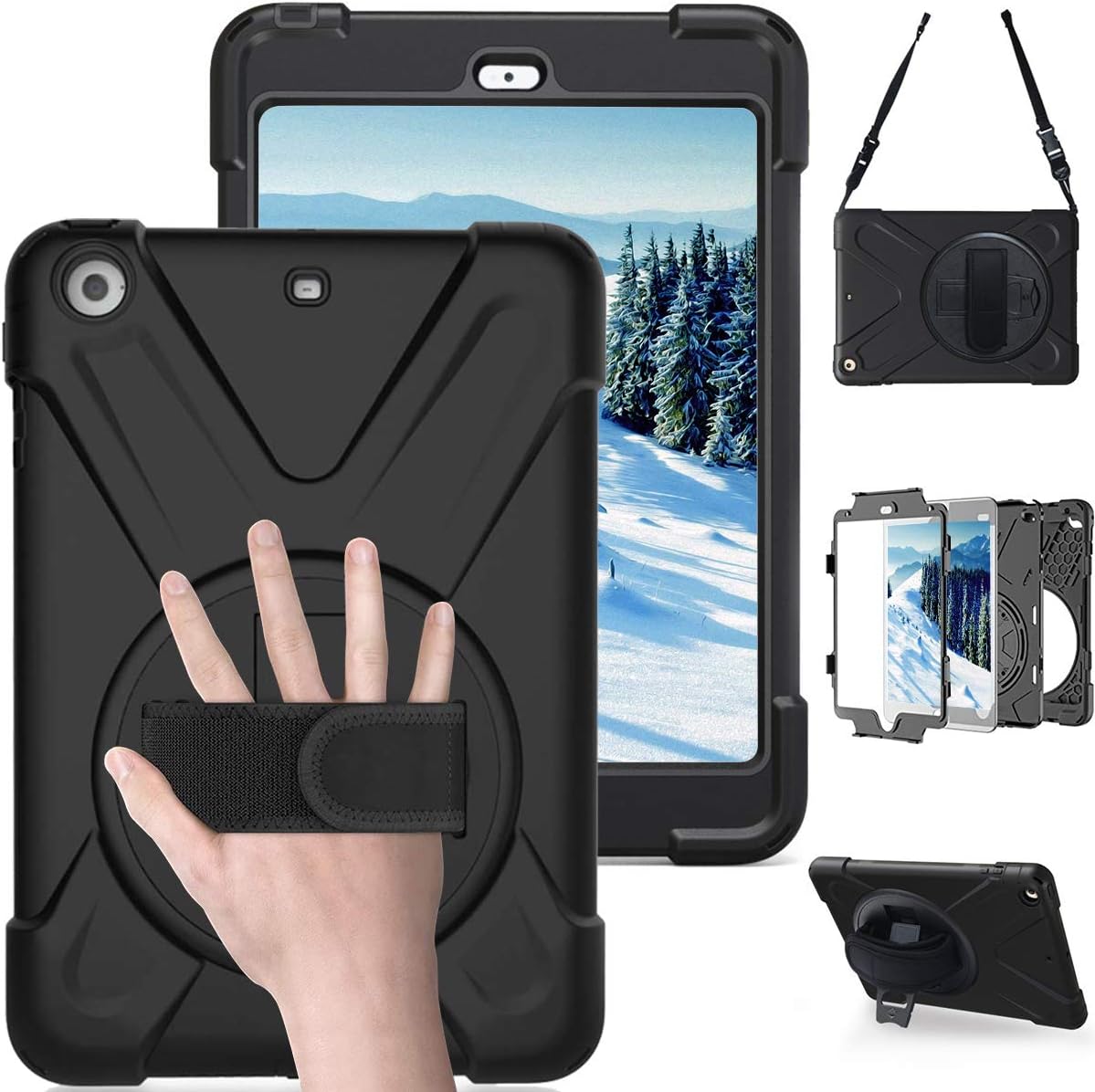 iPad Mini 1/2/3 Case, iPad Mini 3rd/2nd/1st Generation 7.9" Cover, Heavy Duty Rugged Shockproof Drop Proof Kid-Proof Silicone Case w/ 360° Rotatable Kickstand Hand Strap Carrying Shoulder Strap, Black