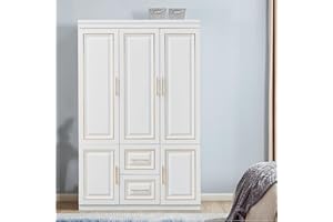 ModMakers 74" H 3 Doors 2 Drawers White Bedroom Wardrobe Armoire Closet Freestanding Clothes Storage Armoire Organizer with Hanging Rod Shelves Clothes Cabinet for Bathrooms Clothes Storage