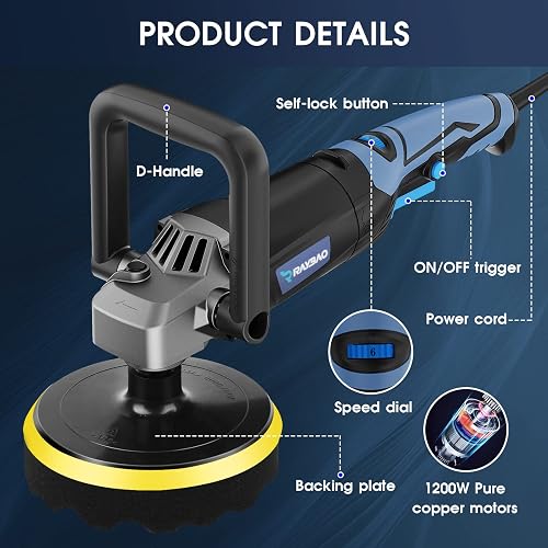 1200W 6 Inch Rotary Car Buffer Polisher With Backing Plate - Corded Electric