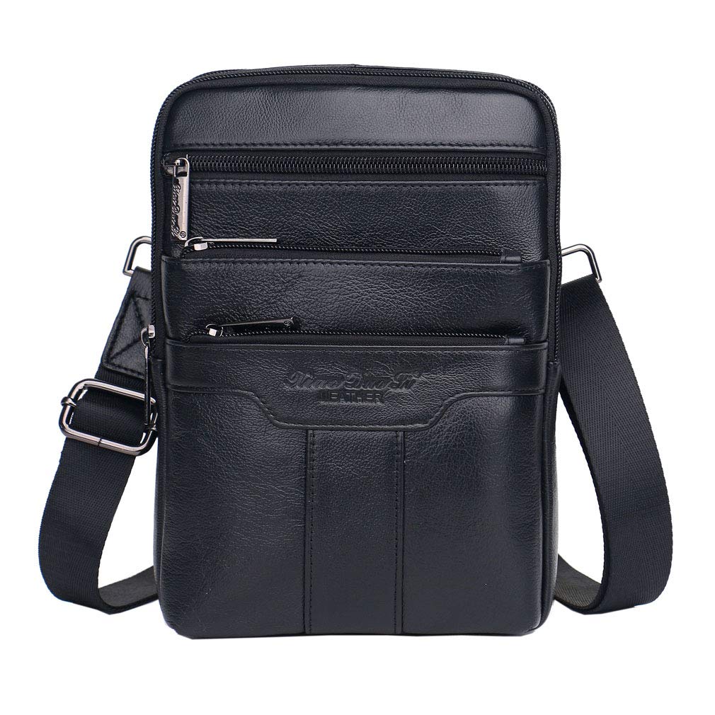 Photo 1 of Small Leather Shoulder Bag Messenger Pack for Men Women Travel Business Crossbody Pouch Cell Phone Wallet Sling Chest Bags Casual Day Pack Black
