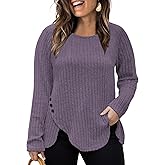 VISLILY Womens-Plus-Size-Tops Trendy Tulip Hem Long Sleeve Shirts Casual Lightweight Knit Sweaters Cute Button Decor Tunics