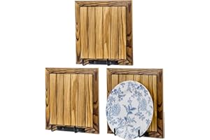 MyGift Wall Plate Display Holders, Rustic Burnt Solid Wood and Industrial Black Metal Wire Photo Frame Designed Plate Racks P