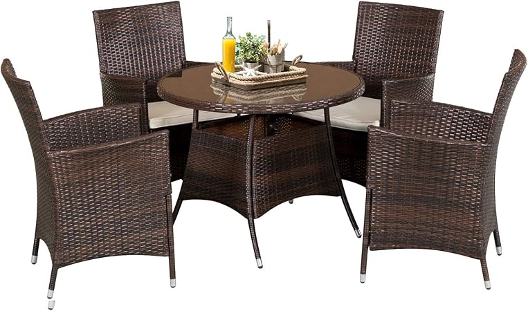 Suncrown Outdoor Furniture All Weather Wicker Round Dining Table And Chairs 5 Piece Set Washable Cushions Patio Backyard Porch Garden Poolside Tempered Glass Tabletop Modern Design Amazon Co Uk Garden Outdoors