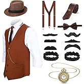 SATINIOR 1920s Mens Costume Roaring Outfit with Gangster Vest Hat Pocket Watch Suspenders for Race Meeting 2026