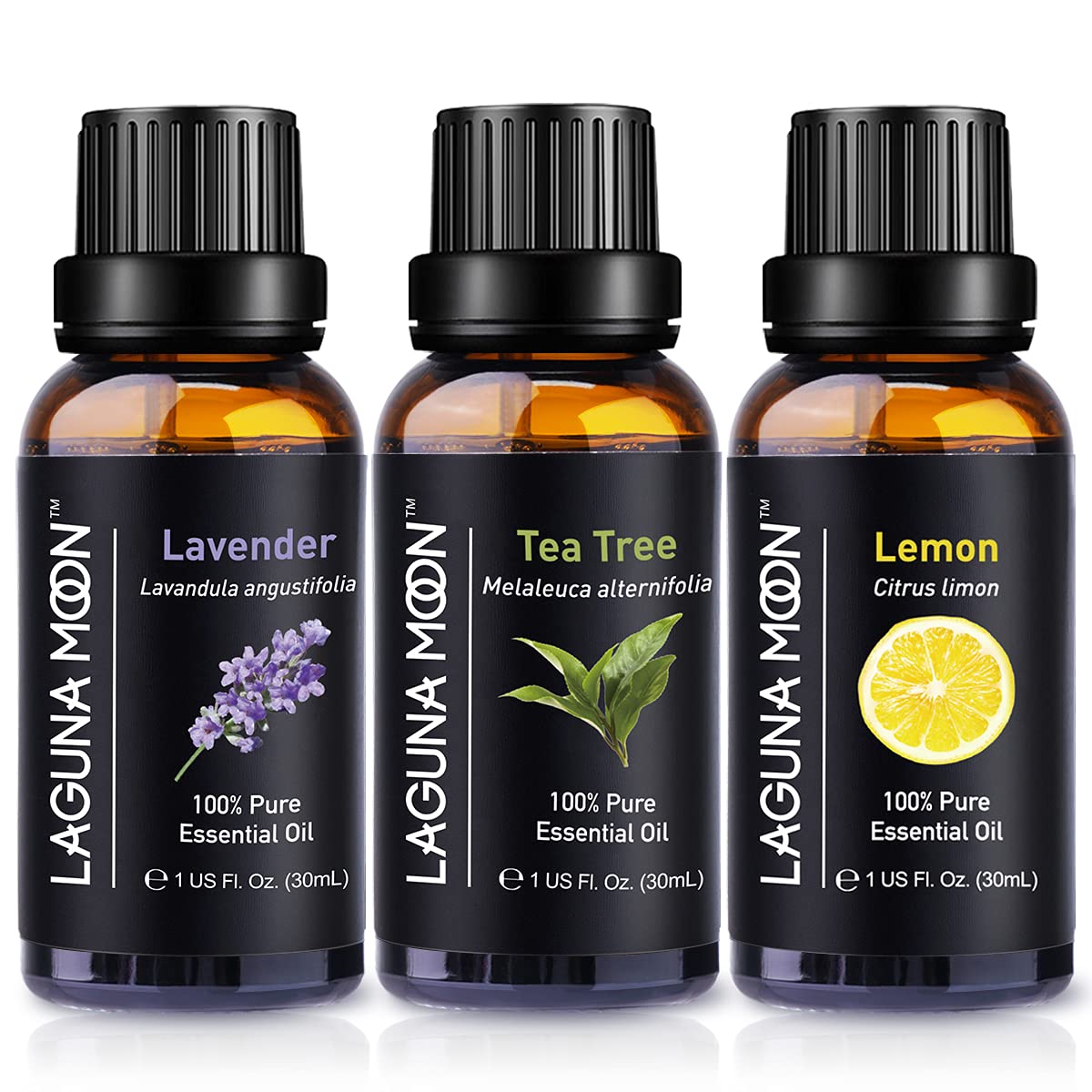 Lagunamoon Pure Tea Tree, Lavender, Lemon Essential Oils - Top 3 Piece Oil Gift Set for Diffusers, Humidifiers, Massages, Yoga Room, Home, Office - Safe for Skin, Hair, & Nails (90mL Total)