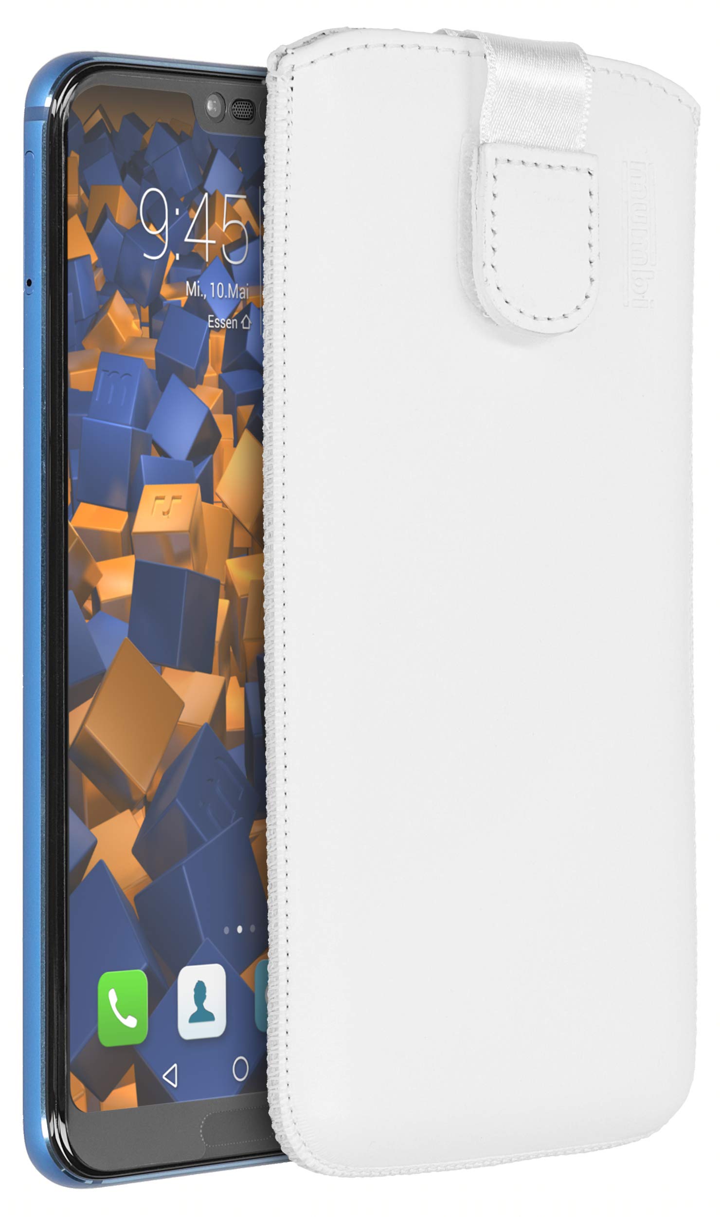 mumbi Genuine Leather Phone Case Cover Compatible with Honor 10 with Flap and Pull-Out Tab White