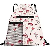 AYBELWG Drawstring Backpack Sports Gym Bag, Large String Swim Bag for Beach With Water Bottle Mesh Pocket, Cute Gym Sack with Zipper Pocket for Men Women Cute Pink Mushroom