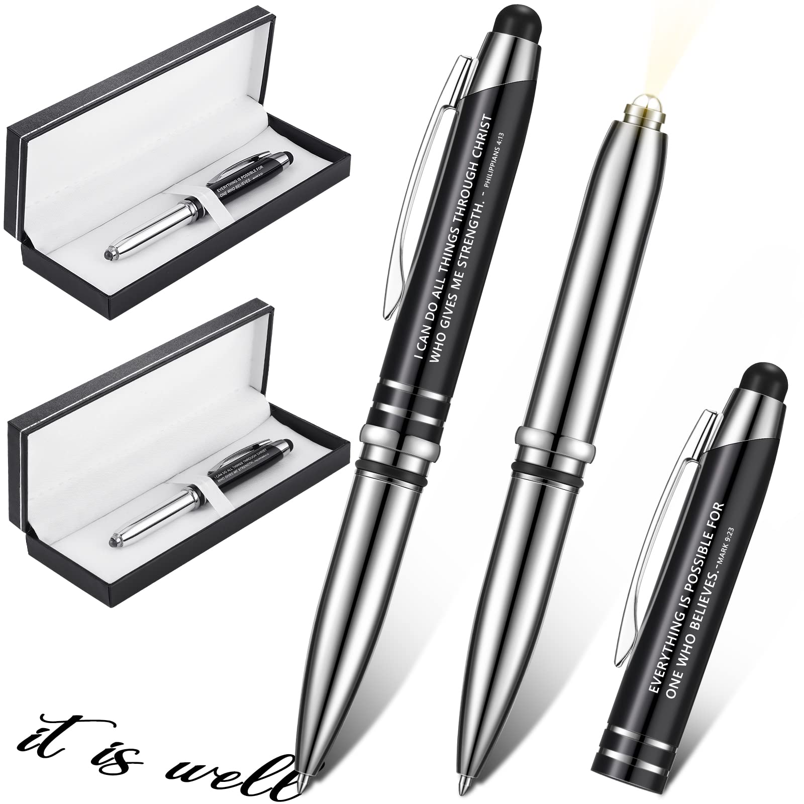 Photo 1 of 2 Set Mark 9:23 Philippians 4:13 Christian Engraved Gift Pen Religious 3-in-1 Scripture Prayer Jesus Pen with LED Light and Stylus Tip Christian Graduation Gift for Church