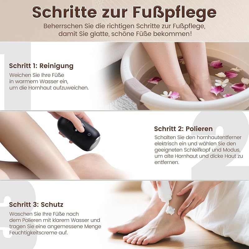 Hornhautentferner Elektrisch, Hornhaut Entfernen Fuß Elektrisch mit 2 Edelstahl-Schleifköpfen, Pediküre Set – zur Entfernung von Rissen, toter Haut & Hornhaut (Schwarz)
