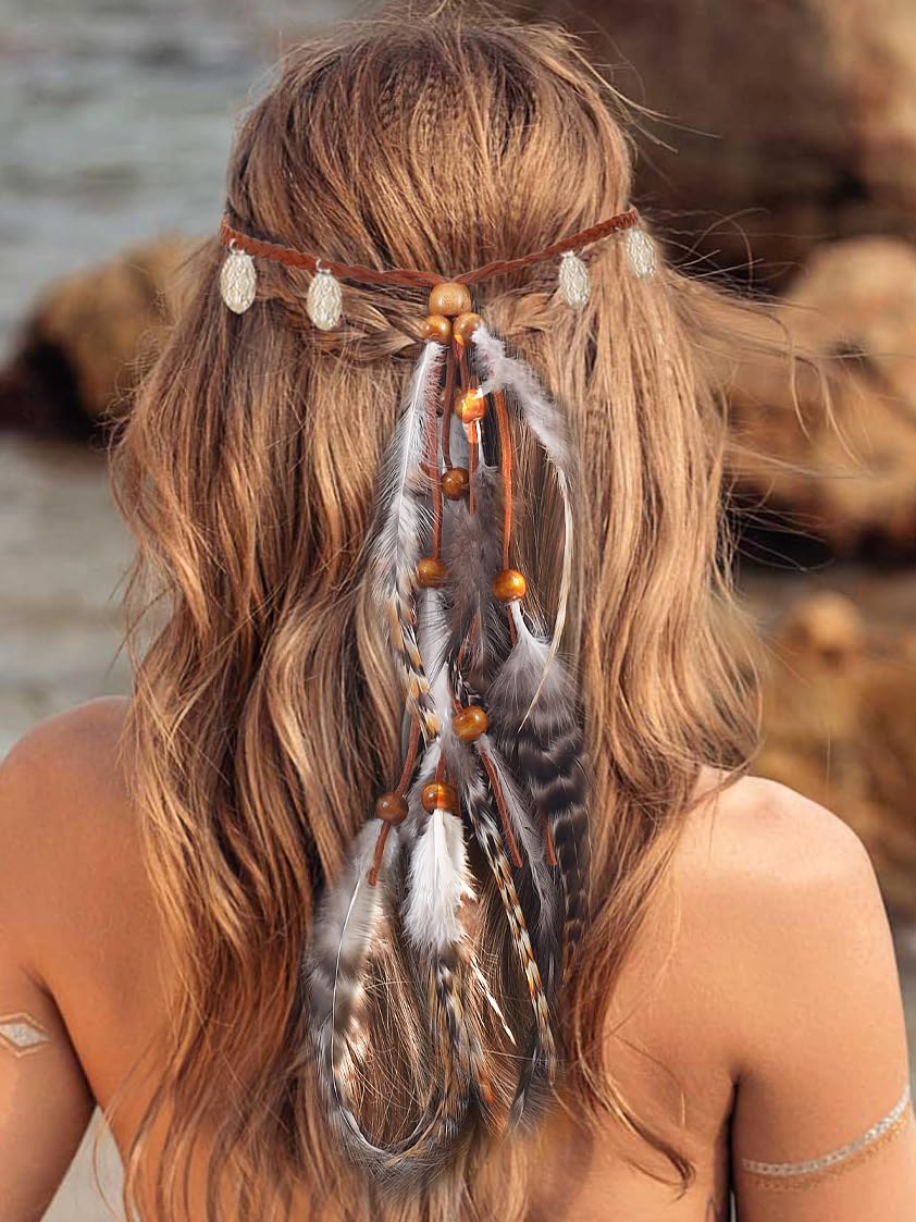 Fashband Indian Feather Headband Boho Coins Tassel Hippie Headdress Tribal Beads Festival Headpiece Hair Accessoriess for Women (A, One Size)