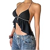 SOLY HUX Women's Halter Crop Tops Y2k Tie Backless Ruffle Asymmetrical Cami Shirts Party Club Outfit