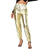 Allegra K Women's Metallic Trousers Christmas Shiny Sparkle Elastic Waist Holographic Pants