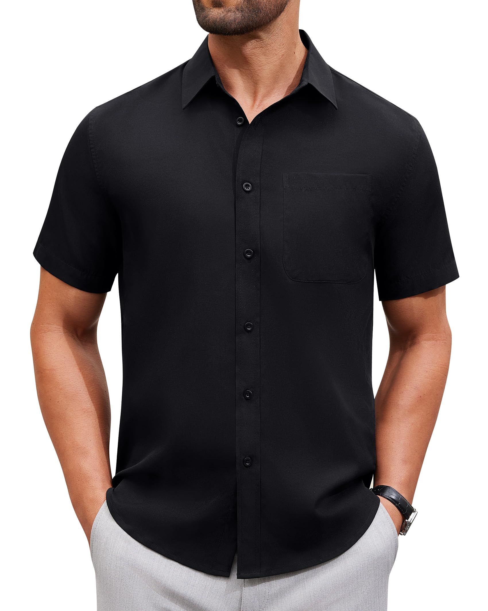 Photo 1 of Alimens & Gentle Mens Short Sleeve Dress Shirt Wrinkle Free Solid Casual Button Down Shirts for Summer Business Wedding,Black,2XL