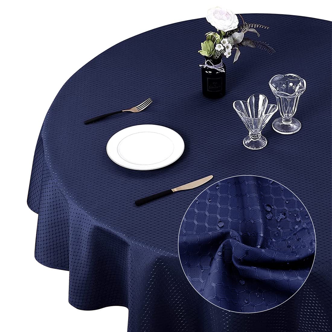 Eternal Beauty Round Tablecloth 150cm Wrinkle Free, Table Cover Water Resistant and Machine Washable for Home Dining Party Restaurant (Navy Blue, 59inch)