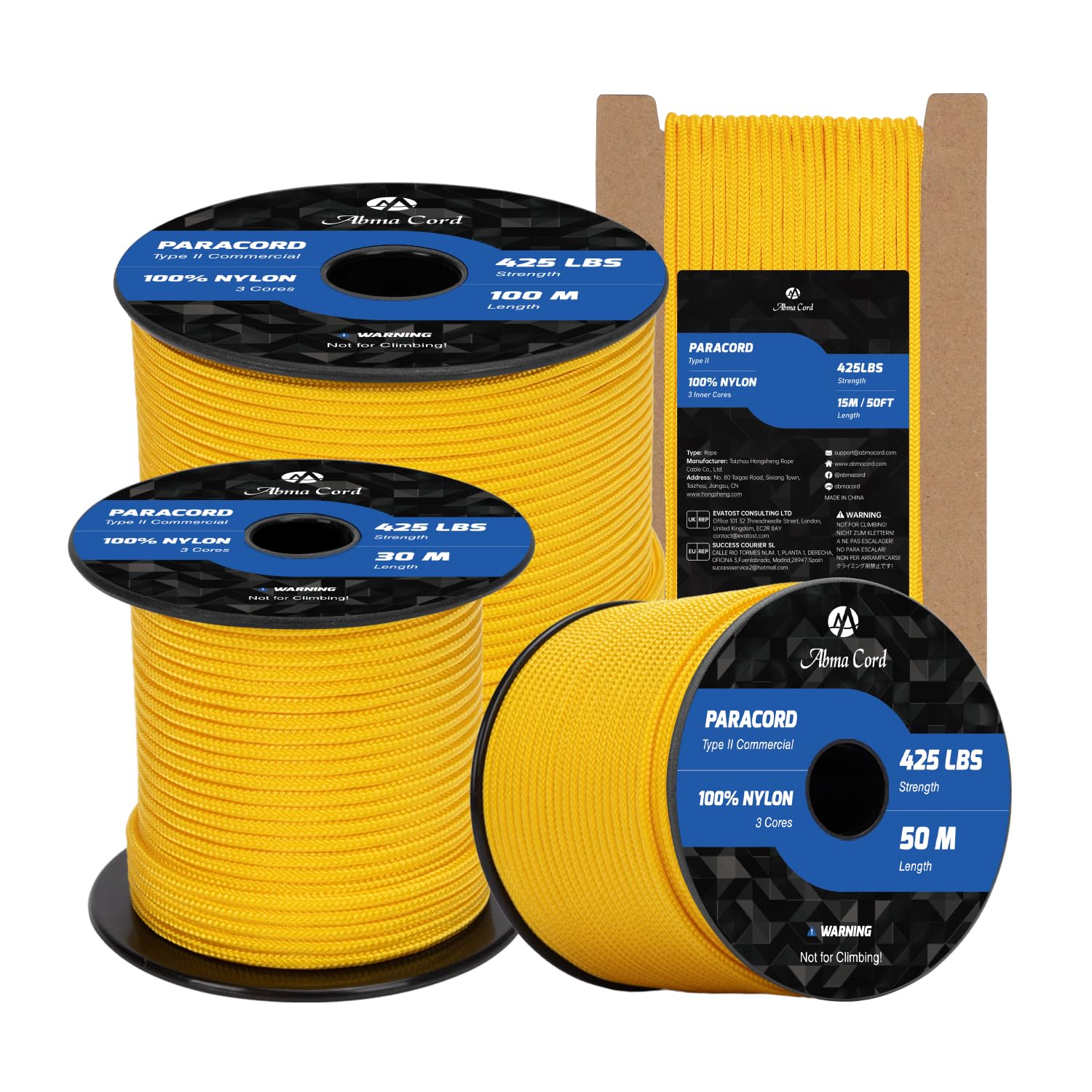 Abma Cord Paracord 3mm 100m 100% Nylon Rope Type II 3 Strands Parachute Cord - Max. 192kg (425lbs) - Golden Yellow