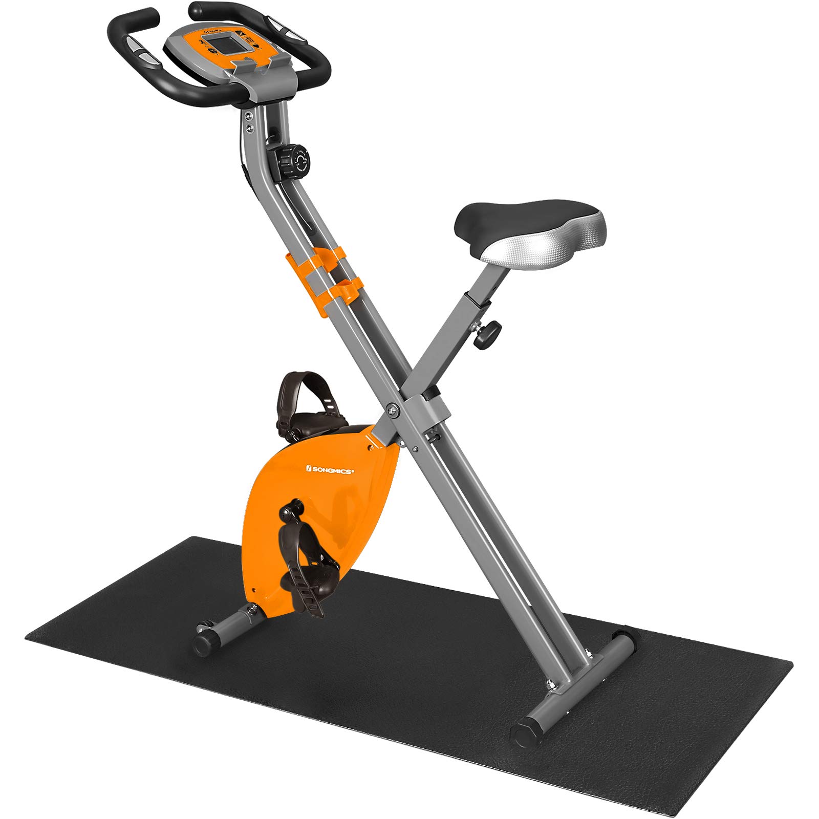 SONGMICS Exercise Bike, Fitness Bicycle, Foldable Indoor Trainer, 8 Magnetic Resistance Levels, with Floor Mat, Pulse Sensor, Phone Holder, 100 kg Max. Weight