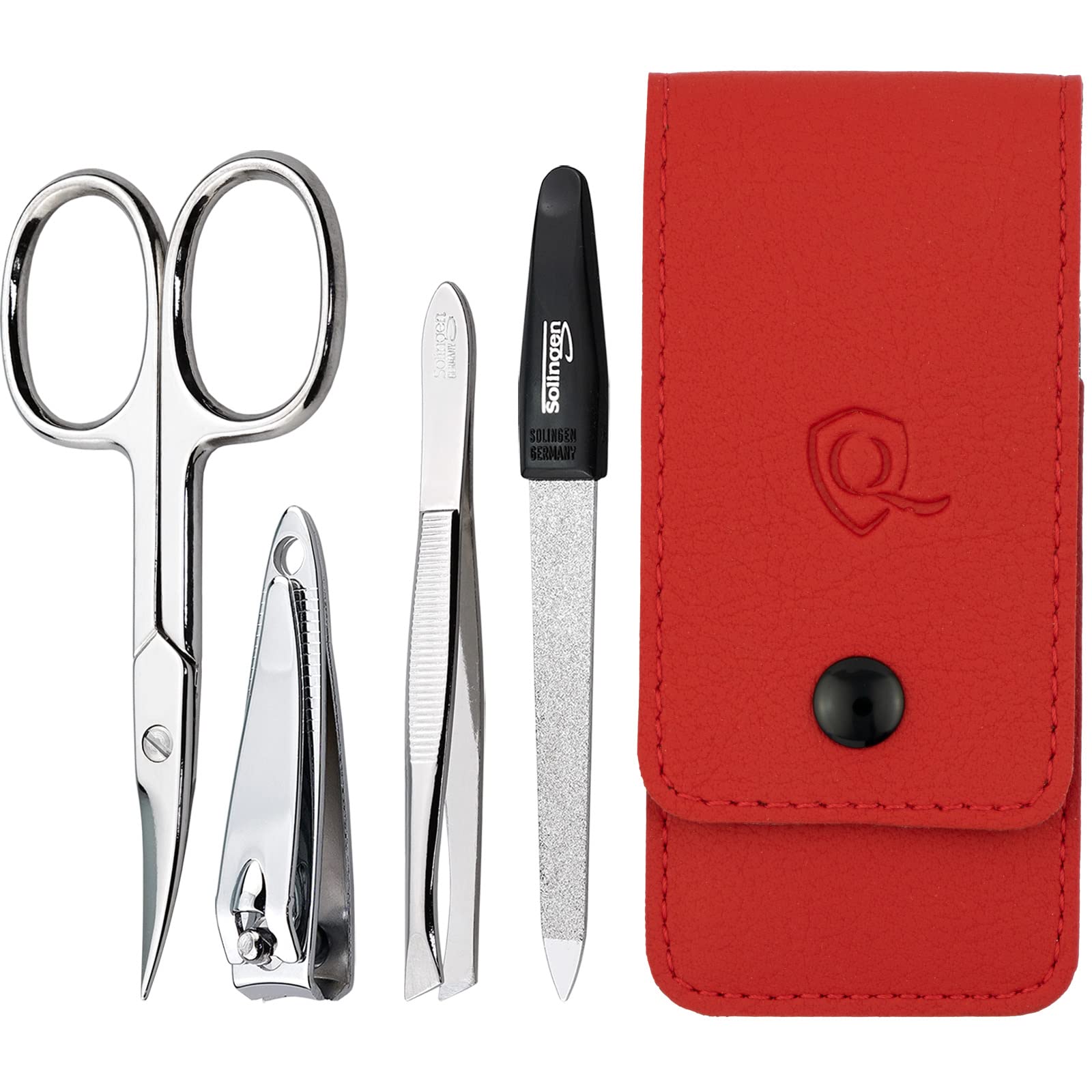 Solingen Manicure Set for Women and Men - 4-Piece Nail Kit, comprising sharp scissors, tweezers, nailclippers, and sapphire nailfile - Ideal for travelling, rose