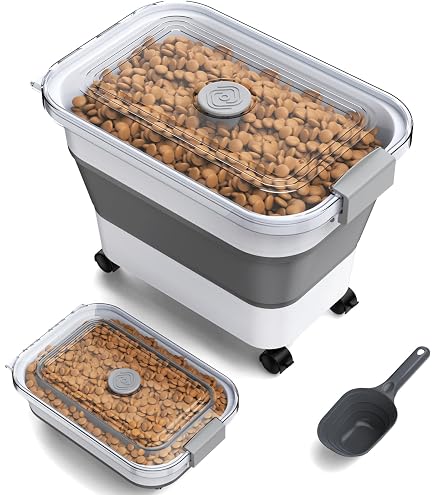 Amazon.com: MineDecor 44lb Dog Food Storage Bins with Rolling Wheels Feed  Scoop Large Airtight Pet Food Containers Combo for Cats Birds Portable 2 in  1 Travel Dog Mug : Pet Supplies